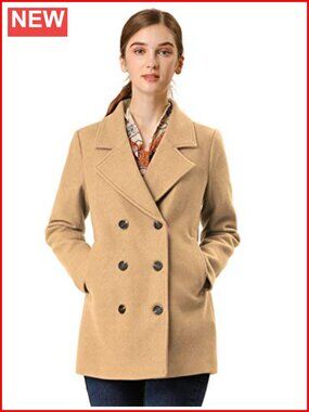 Wool Blend Pea Coat Double Breasted Notch Lapel Mid Length Winter Coat